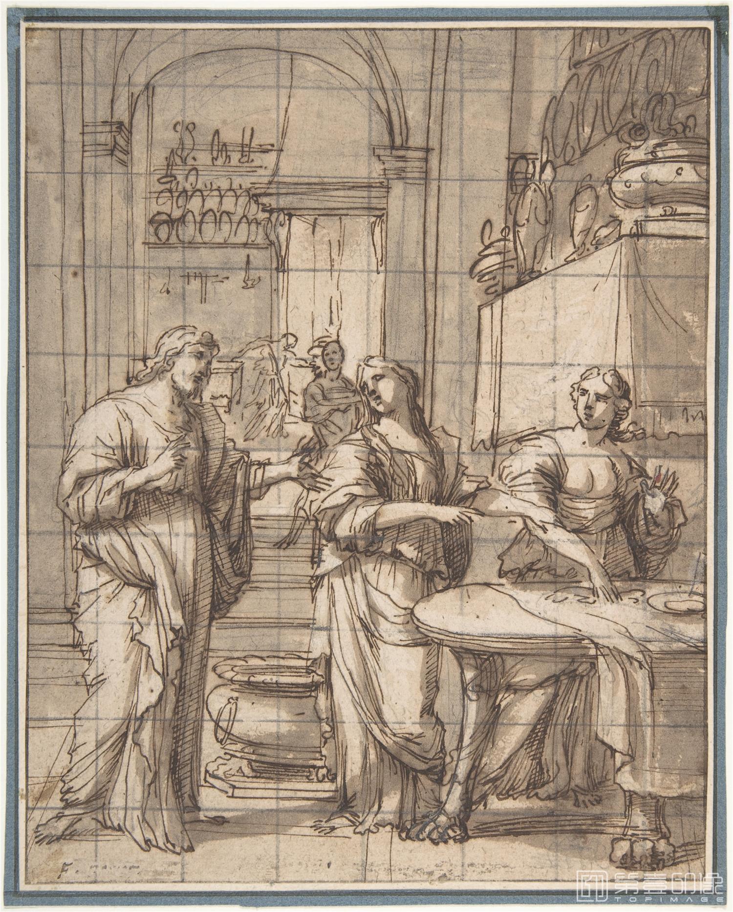 素描-美国纽约大都会美术馆素描藏画-François PerrierChrist in the House of Martha and Mary-0712